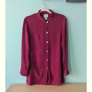 Vintage Yi Lin Burgundy 100% Silk Jacquard Tunic Mandarin Collar Blouse Shirt